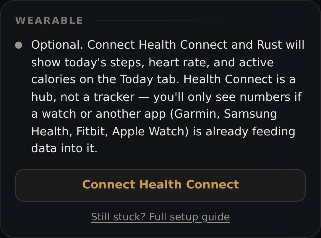 The Wearable card in Rust's Settings on Android, with a Connect Health Connect button.