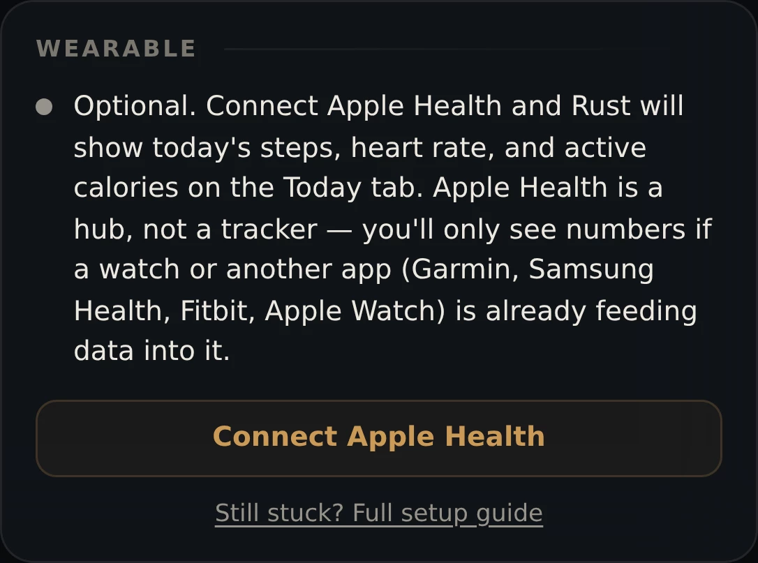 The Wearable card in Rust's Settings, with a Connect Apple Health button.