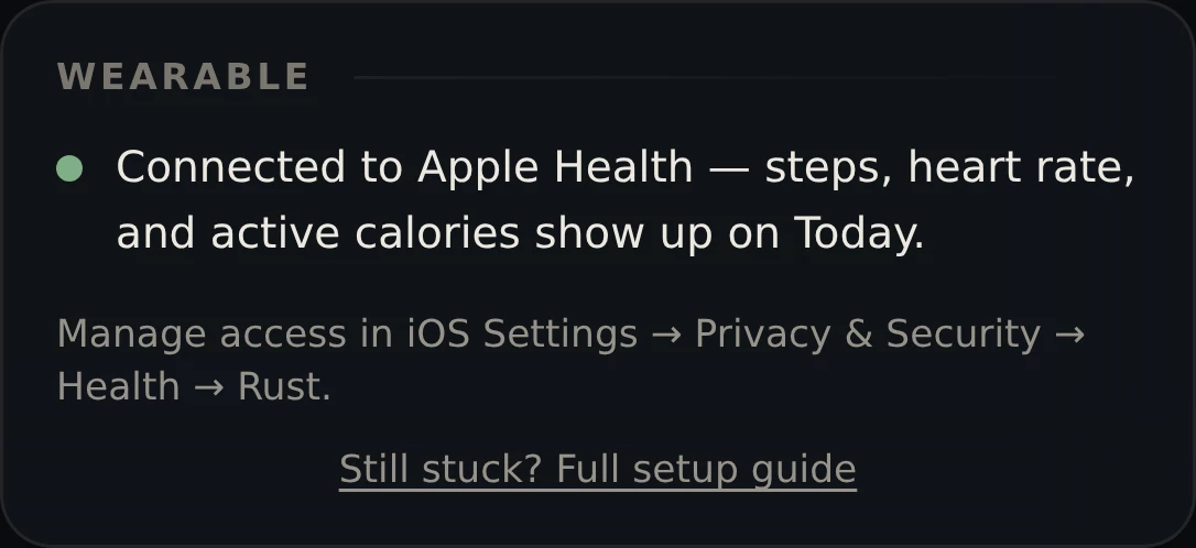 Rust's Wearable card showing a green dot and the text Connected to Apple Health.